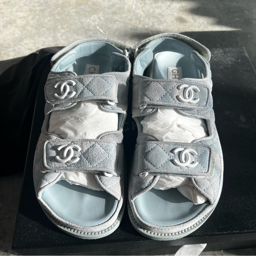 Chanel Dad Cloud Blue Tie Dye Flat Sandals SS23 37 Suede Leather Loafer Slide